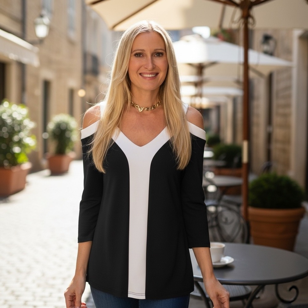 Boston Proper Black White Cold Shoulder Colorblock V-Neck Top‎ XS 3/4 Sleeve